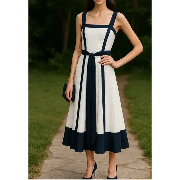 white christmas dresses Sleeveless Eyelet Lace Belted Day Dress by Badgley Mischka main image 1